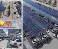 Drei Bilder mit Ansichten von großen Parkplatz PV Anlagen von GridParity mit semi-transparenten Doppelglasmodulen