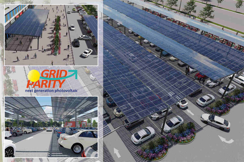 Drei Bilder mit Ansichten von großen Parkplatz PV Anlagen von GridParity mit semi-transparenten Doppelglasmodulen