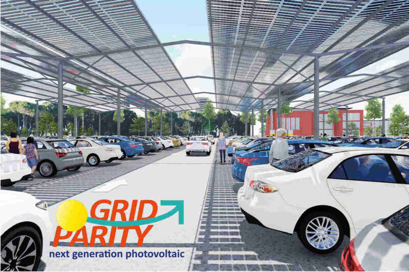 Großparkplatz-Anlage mit viel Licht durch semi-transparente Doppelglas-Module als Beispiel für Parkplatz-PV