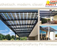 Bild: verschiedene Terassenüberdachungen mit transparenten Doppelglasmodulen. Grid Parity: ästetisch, modern, clever - schlüsselferitge PV Terassen