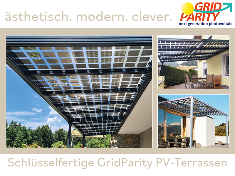 Bild: verschiedene Terassenüberdachungen mit transparenten Doppelglasmodulen. Grid Parity: ästetisch, modern, clever - schlüsselferitge PV Terassen