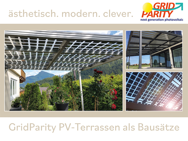 Abbildungen von Terassenüberdachungen mit Doppelglasmodulen:ästhetisch.modern.clever: GridParity PV-Terassen als Bausätze