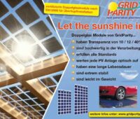 GridParity: Foto von einem Solardach mit Holzkonstruktion von unten fotografiert. Sichtbarer Einfall von Sonnenstrahlen.Let the sunshine in: Leichte Module für Terassen, Carports und Agri-PV. Geeignet für die Überkopfinstallation.