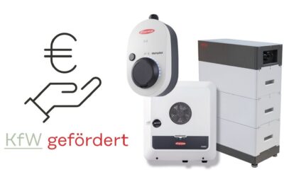 Fronius: von KFW gefördert. Abbildungen von Wattpilot, Wechselrichter, Batterie