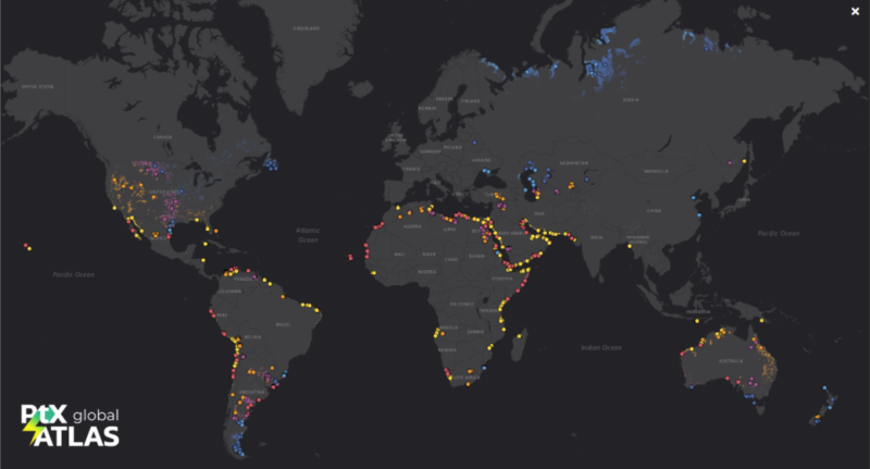Grafik einer Weltkarte mit farblich gekennzeichneten Standorten für die PtX-Produktion