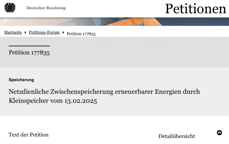 Screenshot der Bundestagswebsite mit Eintrag zur Petition für Klainspeicher.