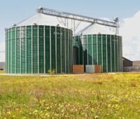 Biogasfermenter vor bunter Wiese
