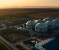 Eine Biogasanlage mit acht Fermentern bei tiefstehender Sonne, Hügelkette im Hintergrund.