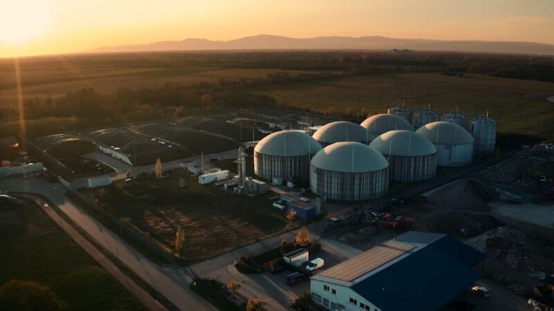 Eine Biogasanlage mit acht Fermentern bei tiefstehender Sonne, Hügelkette im Hintergrund.
