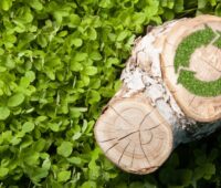 Baumstumpf mit Recycling-Zeichen als Symbol für nachhaltige Biomasse-Nutzung