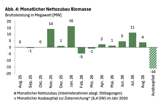 Grünes Säulendiagramm zum monatlichen Biomasse-Nettozubau von August 2025 bis August 2026.