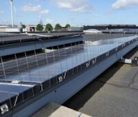 Flachdachanlage für Photovoltaik, ausgerüstet mit Edelstahlpins zum Schutz vor Vögeln.