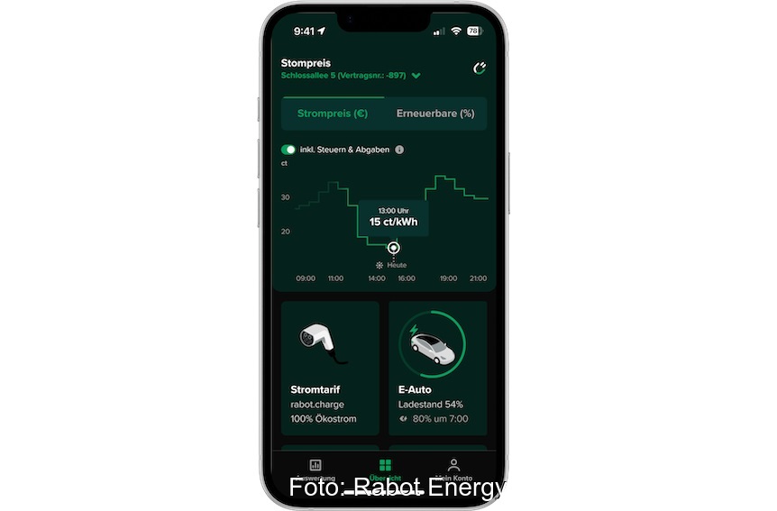 Ein Handy mit App vom Stromanbieter Rabot Energy.