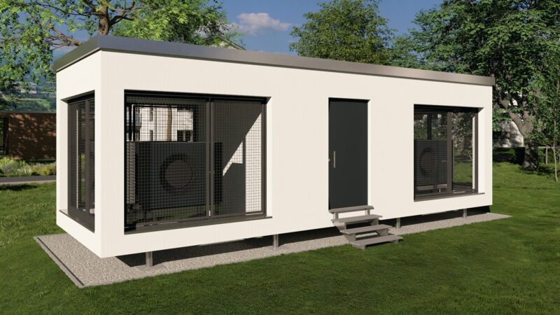 Die Energie-System-Box von Buderus, der Container enthält die komplette Wärmepumpen-Heiztechnik für ein Mehrfamilienhaus.