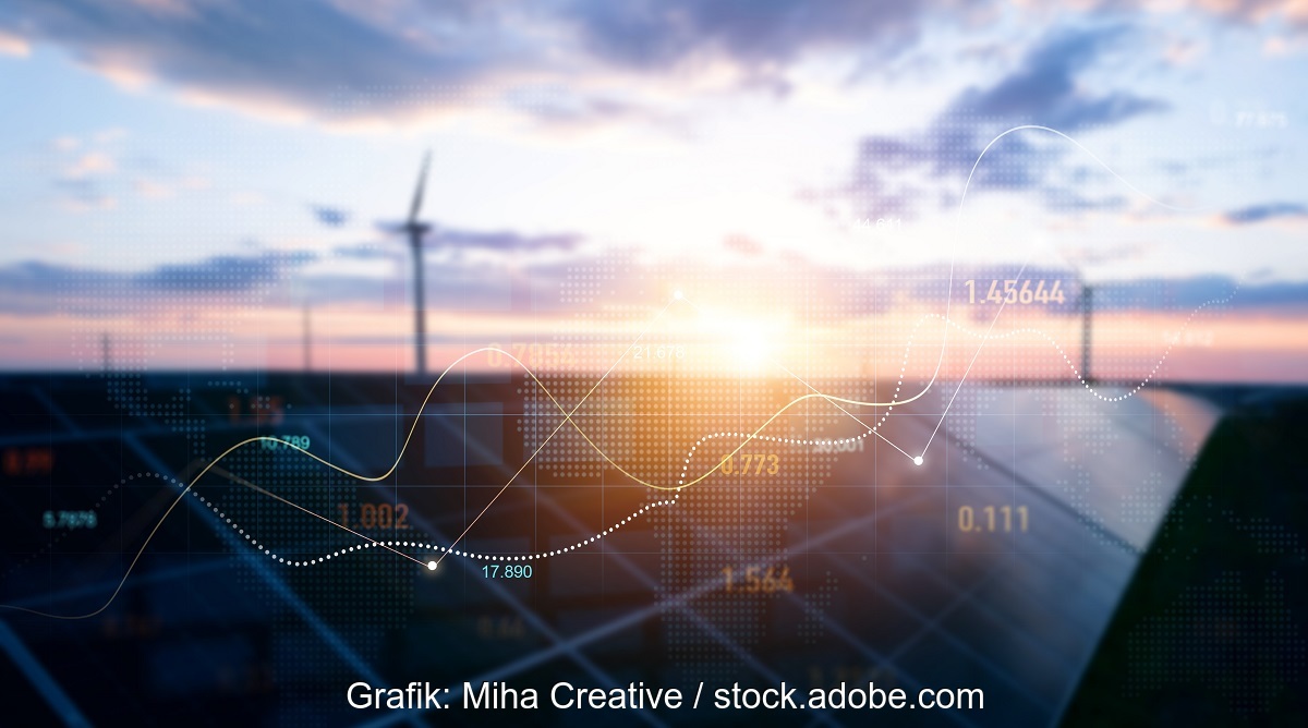 Windenergieanlagen und Photovoltaik mit einer Kurve als Symbol für die Ausschreibung 2025.