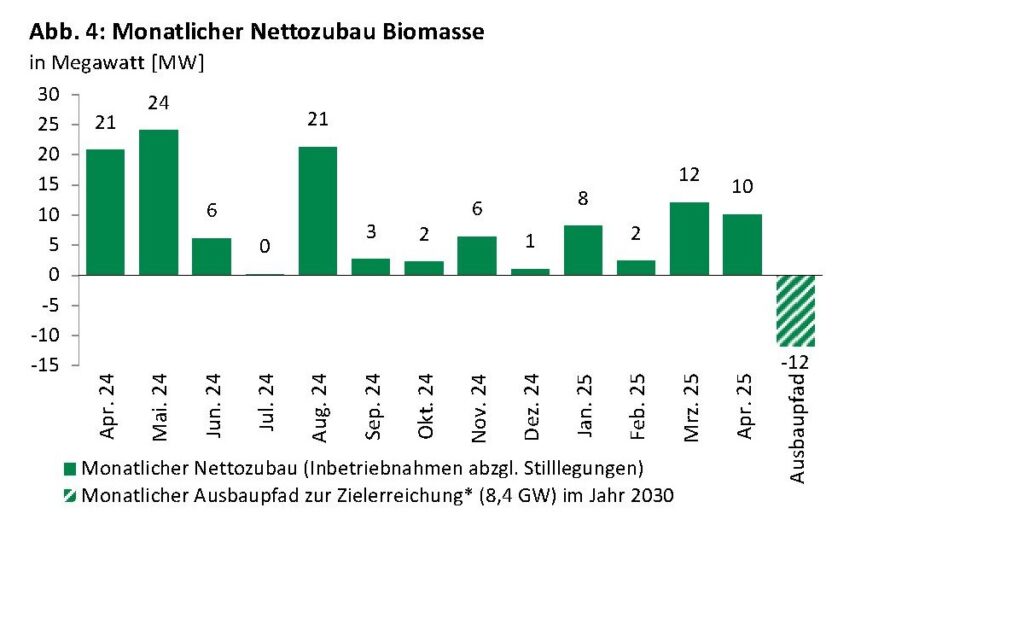 Im Bild ein Balkendiagramm mit dem Biomasse-Zubau im April 2025.