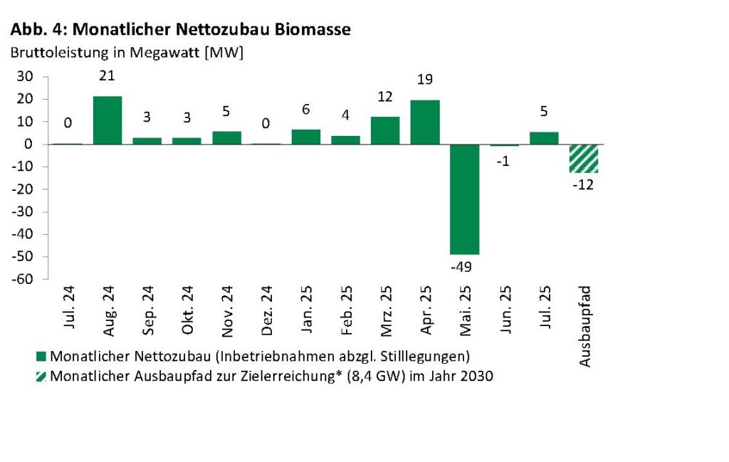 Im Bild ein Balkendiagramm mit dem Biomasse-Zubau im Juli 2025.