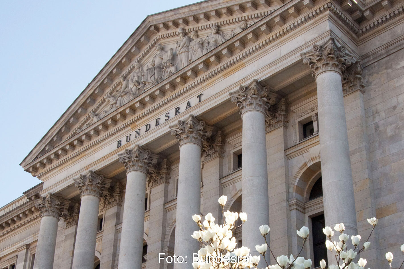 Hauptportal des Bundesrates - im Vordergrund blühende Magnolien