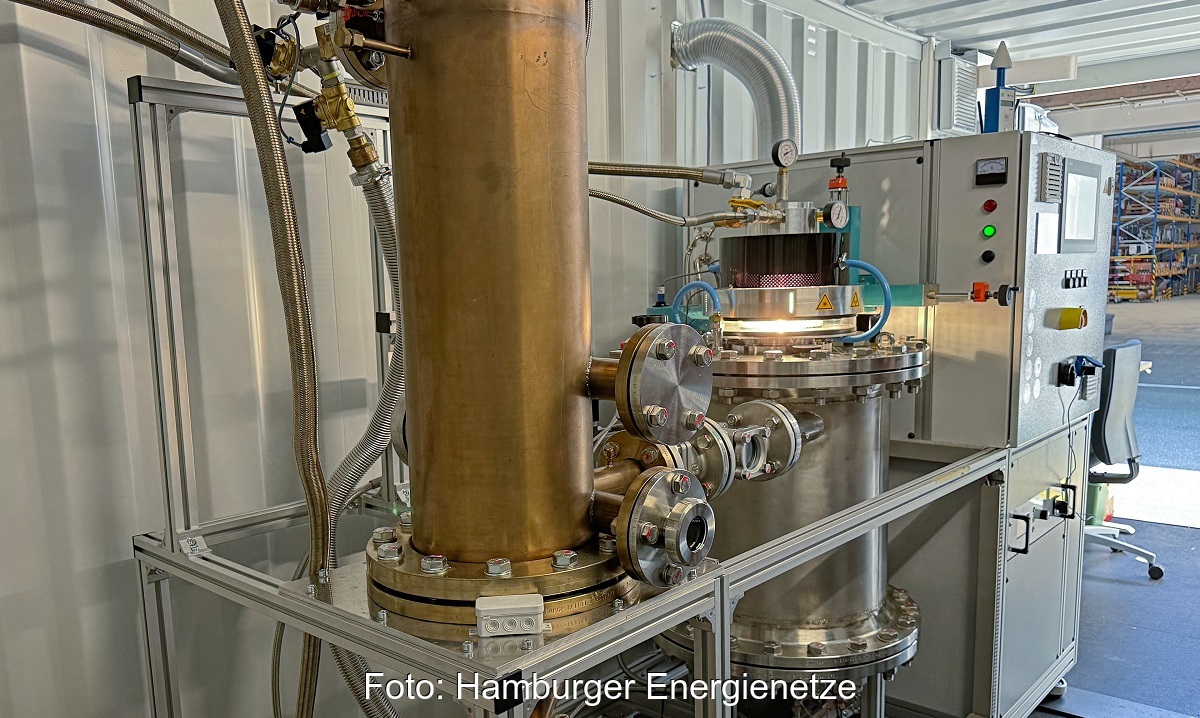 Im Bild die Versuchsanlage, die mit Plasmacracking Methan in Wasserstoff und Kohlenstoff aufspaltet.