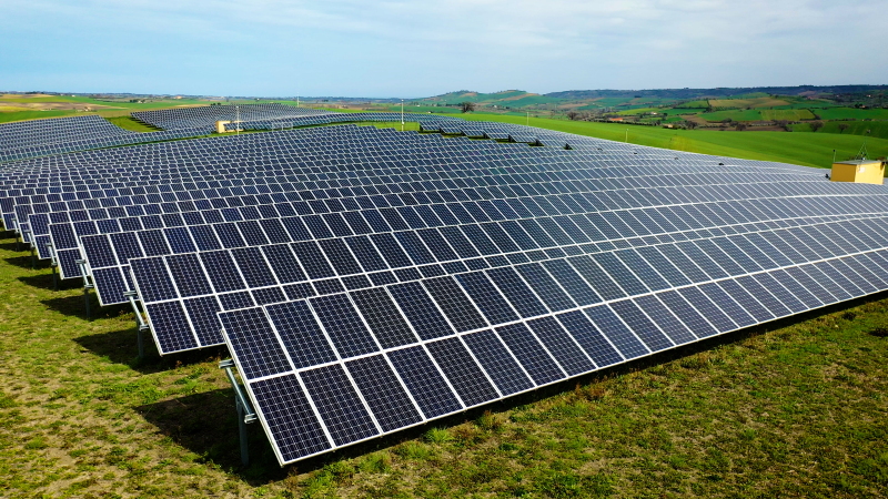 Photovoltaikpark auf grüner Wiese unter blauem Himmel.