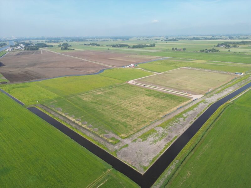 Luftbild einer großen Wiesenfläche in den Niederlanden.