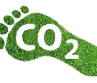 Grafik zeigt grünen Fußadruck mit Schriftzug CO2 - Symbol für Ökobilanz oder Carbon Footprint