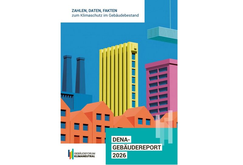 Im Bild das Cover von Dena-Gebäudereport 2026, der Daten zu Wärmepumpen im Gebäudebestand enthält.