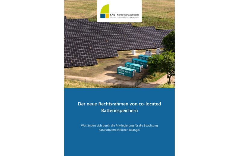 Im Bild das Cover der Publikation „Der neue Rechtsrahmen von co-located Batteriespeichern – Was ändert sich durch die Privilegierung für die Beachtung naturschutzrechtlicher Belange?“