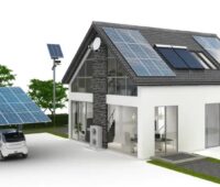 Im Bild eine Grafik eines Hauses mit Photovoltaik-Anlage und Wärmepumpe, DCH Energy bietet ein Paket aus Wärmepumpe und Photovoltaik an