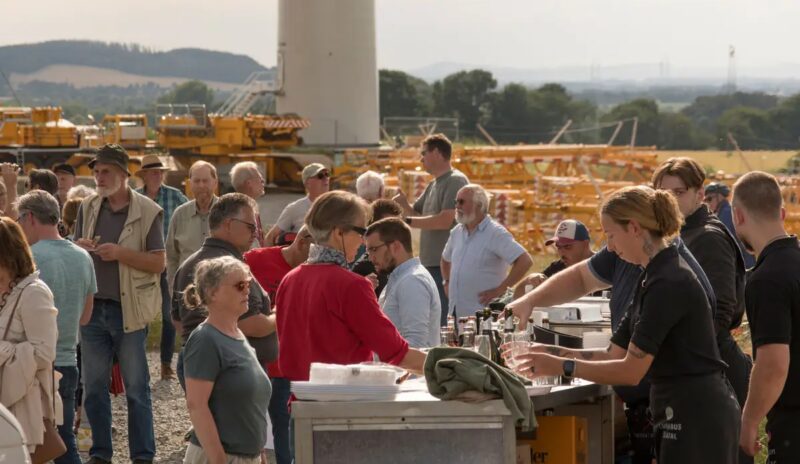 Im Bild Bürger:innen beim Bau einer Windenergieanlage, die Bürgerbeteiligung an Windparks und Photovoltaik-Freiflächenanlagen erhöht die Akzeptanz.