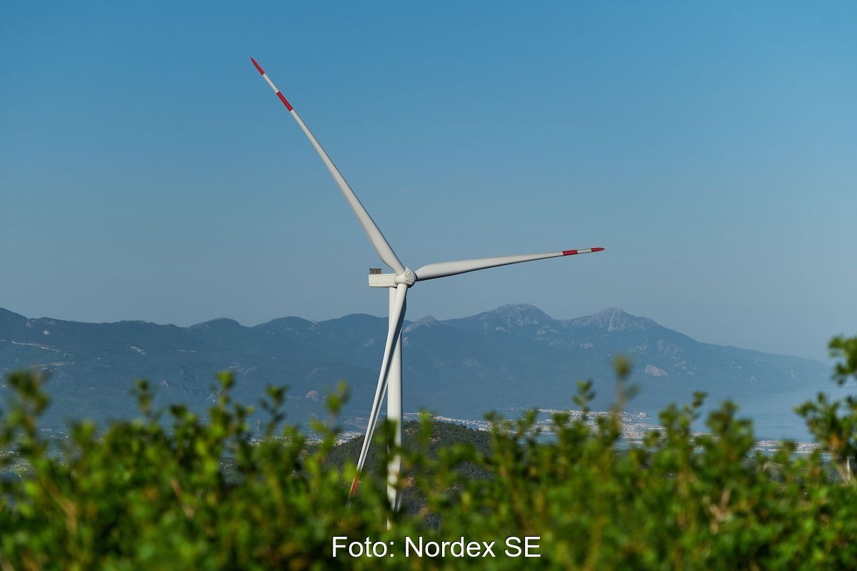 Hinter Baumwipfeln sind die Rotoren einer Windkraftanlage vor einer Bergkette zu sehen.