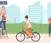 Eine Zeichnung mit Menschen in einer Stadt mit Photovoltaik und Windenergieanlagen als Symbol für die Energiewende in Bürgerhand.