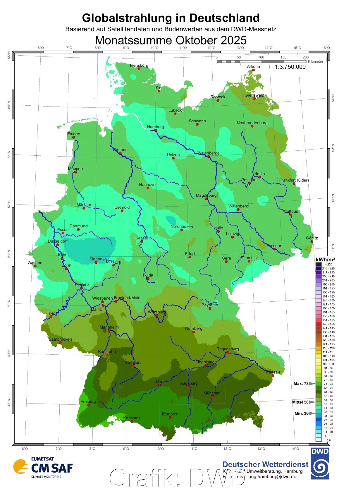 Zu sehen ist eine Deutschland-Karte mit der Sonneneinstrahlung in Deutschland im Oktober 2025.