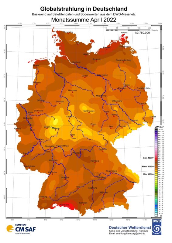 Zu sehen ist eine Karte mit der Sonneneinstrahlung in Deutschland im April 2022.