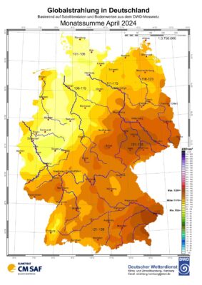 Zu sehen ist eine Deutschland-Karte mit der Sonneneinstrahlung in Deutschland im April 2024.