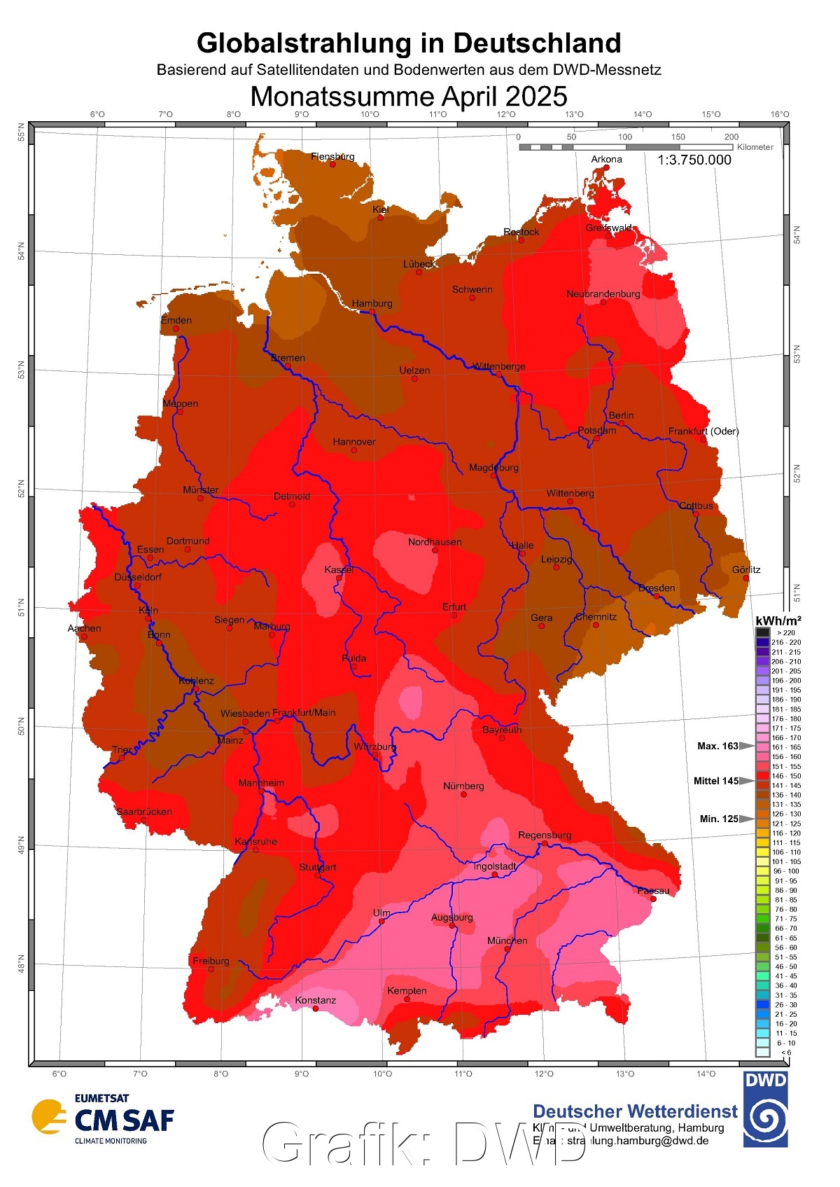 Zu sehen ist eine Deutschland-Karte mit der Sonneneinstrahlung in Deutschland im April 2025.