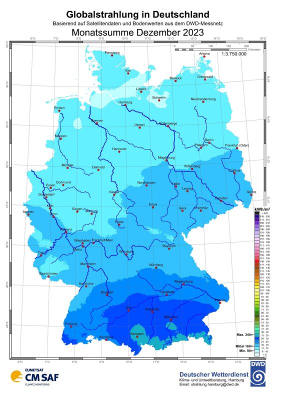 Zu sehen ist eine Deutschland-Karte mit der Sonneneinstrahlung in Deutschland im Dezember 2023.
