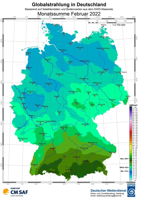 Zu sehen ist eine Karte mit der Sonneneinstrahlung in Deutschland im Februar 2022.