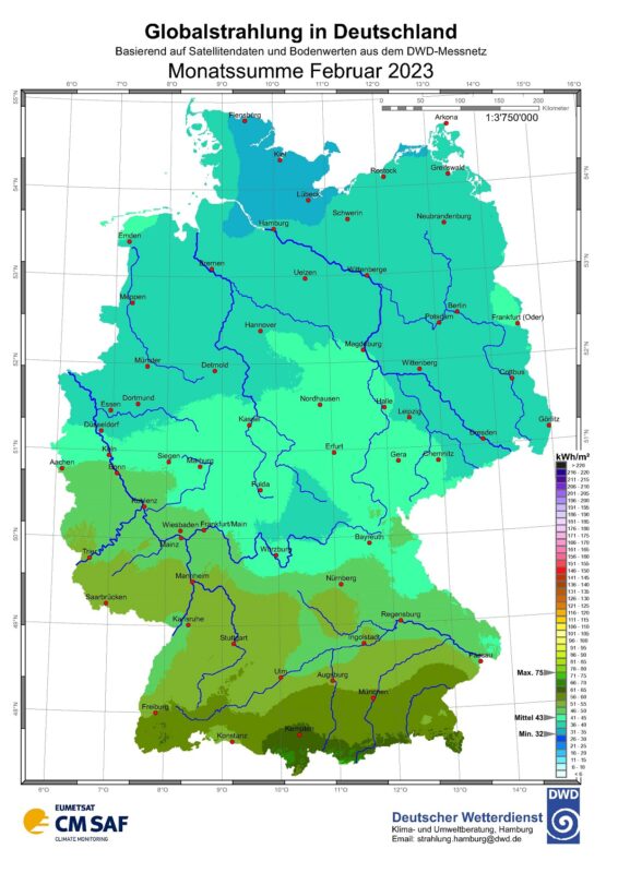 Zu sehen ist eine Deutschland-Karte mit der Sonneneinstrahlung in Deutschland im Februar 2023.