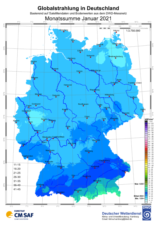 Zu sehen ist eine Karte mit der Sonneneinstrahlung in Deutschland im Januar 2021.