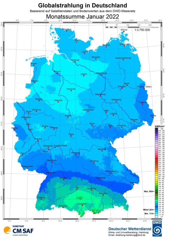 Zu sehen ist eine Karte mit der Sonneneinstrahlung in Deutschland im Januar 2022.