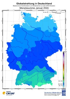 Zu sehen ist eine Deutschland-Karte mit der Sonneneinstrahlung in Deutschland im Januar 2024.