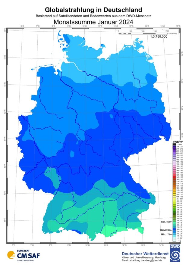 Sonneneinstrahlung in Deutschland im Januar 2025 Solarserver