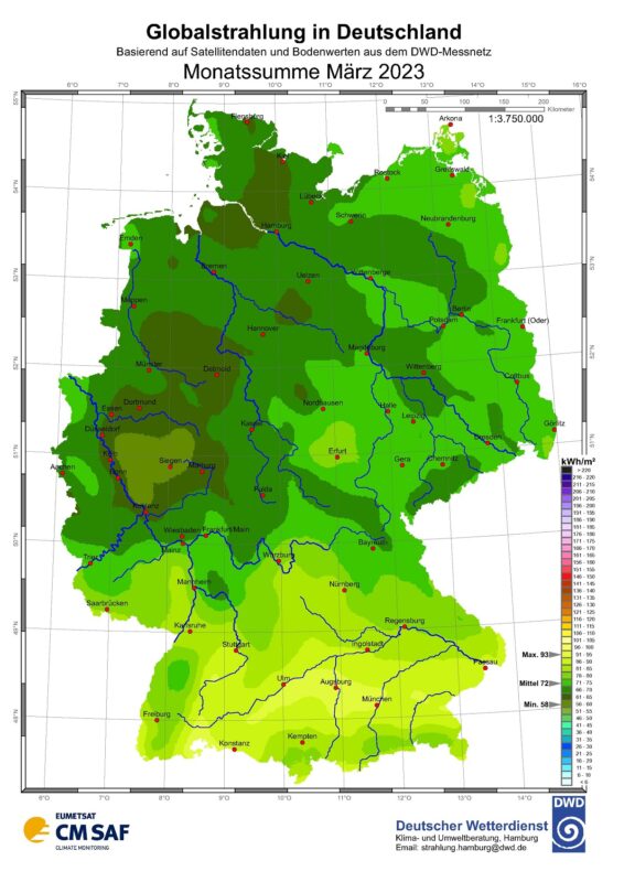 Zu sehen ist eine Deutschland-Karte mit der Sonneneinstrahlung in Deutschland im März 2023.