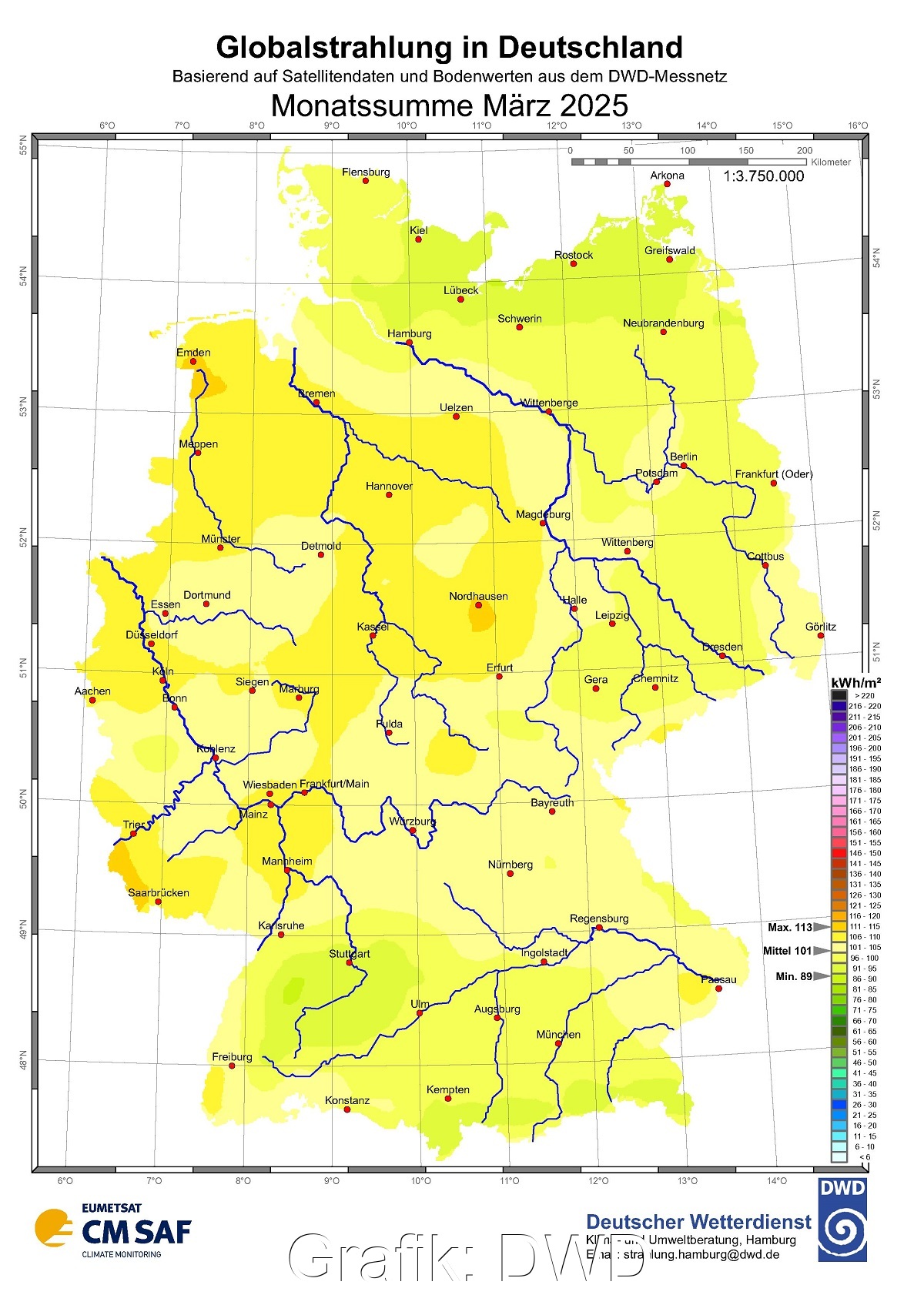 Zu sehen ist eine Deutschland-Karte mit der Sonneneinstrahlung in Deutschland im März 2025.
