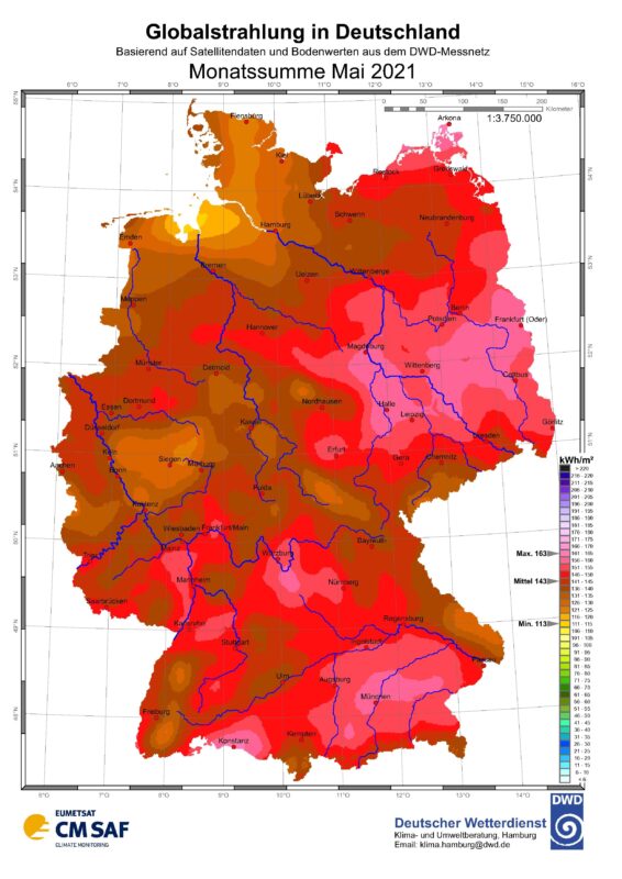 Zu sehen ist eine Karte mit der Sonneneinstrahlung in Deutschland im Mai 2021.