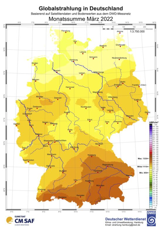Grafik des DWD zeigt Sonneneinstrahlung im März 2022 in Deutschland