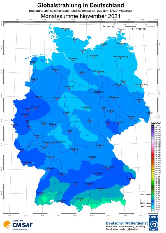 Zu sehen ist eine Karte mit der Sonneneinstrahlung in Deutschland im November 2021.