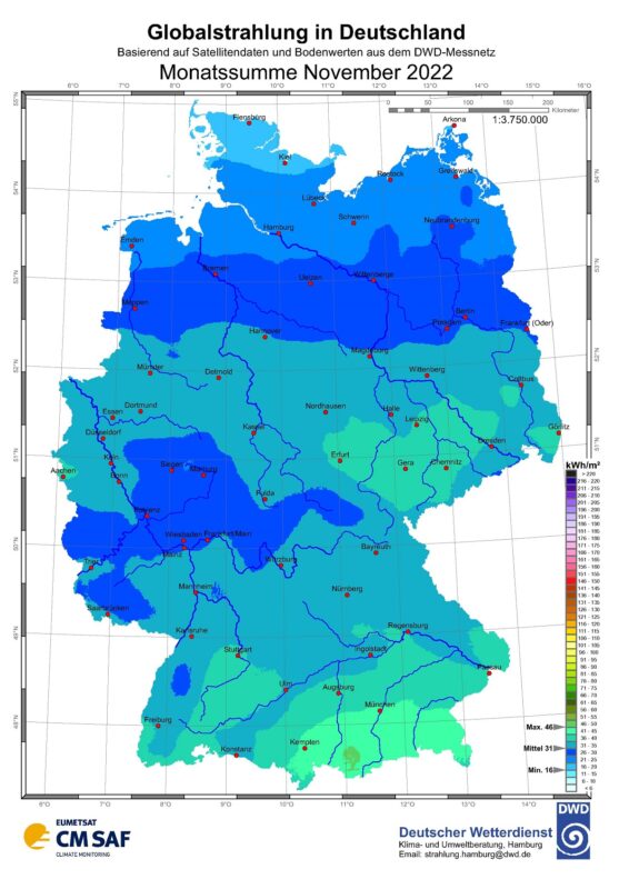 Zu sehen ist eine Karte mit der Sonneneinstrahlung in Deutschland im November 2022.