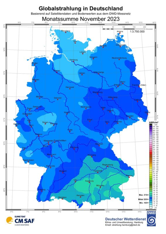 Zu sehen ist eine Deutschland-Karte mit der Sonneneinstrahlung in Deutschland im November 2023.